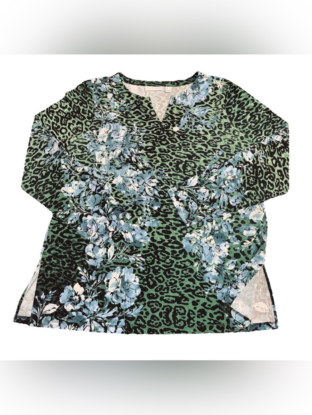 Susan Graver Women’s Tunic Top Side Slit Green Leopard Blue Floral Print L FLAW